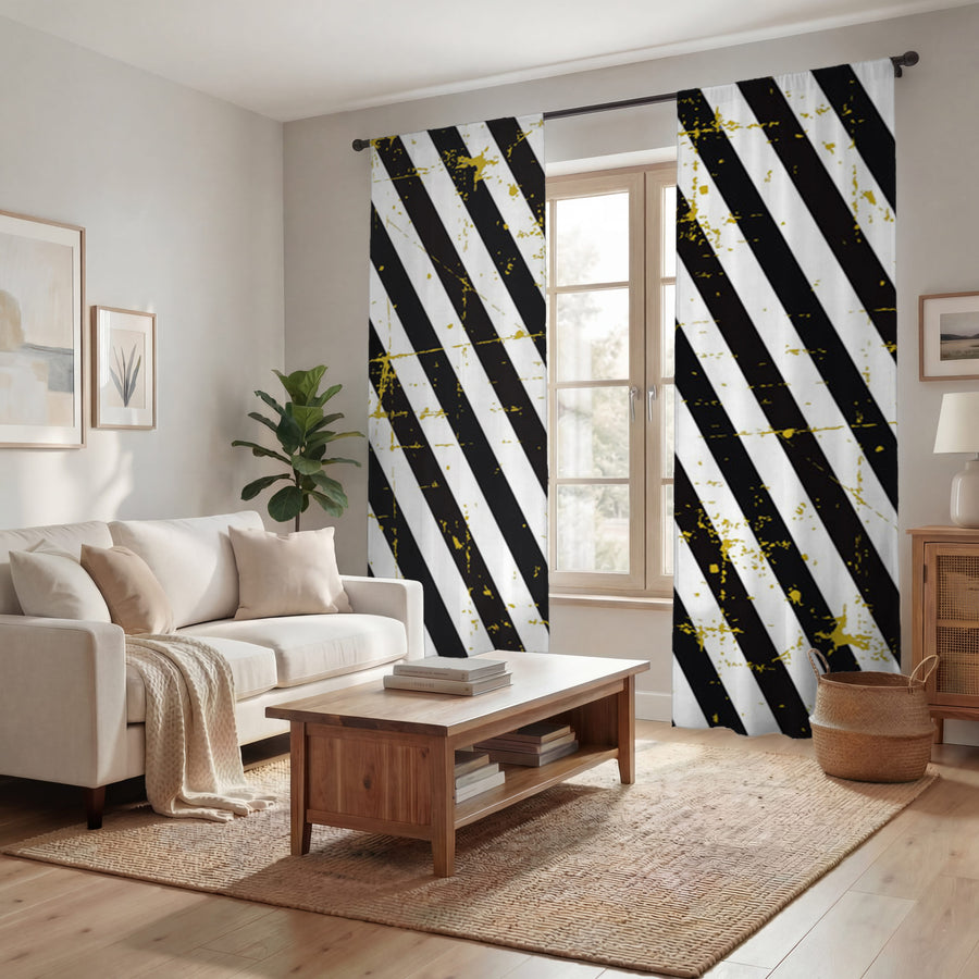 Black and Gold Diagonal Stripe Pattern Window Curtain