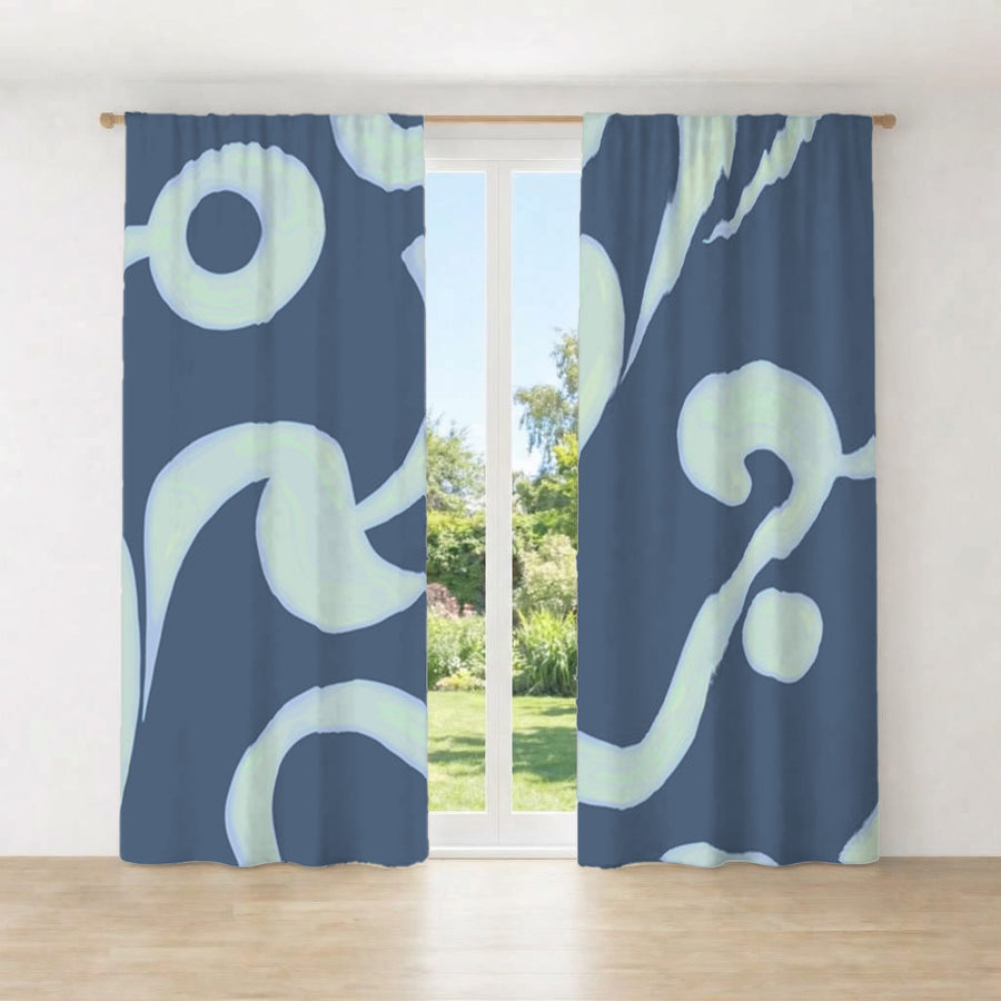 Blue Swirling Abstract Wave Pattern Window Curtains