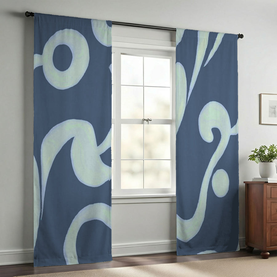 Blue Swirling Abstract Wave Pattern Window Curtains