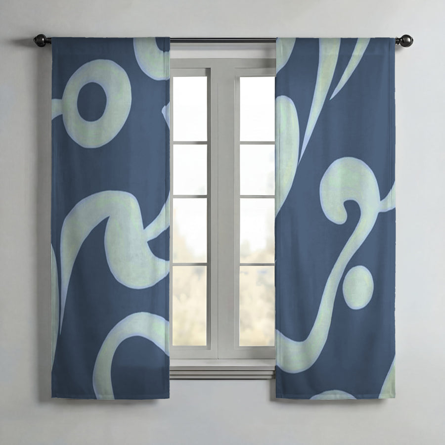 Blue Swirling Abstract Wave Pattern Window Curtains