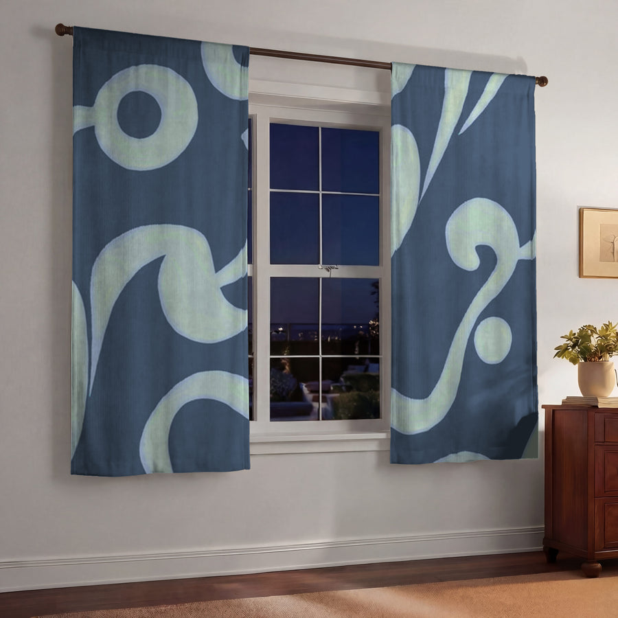 Blue Swirling Abstract Wave Pattern Window Curtains