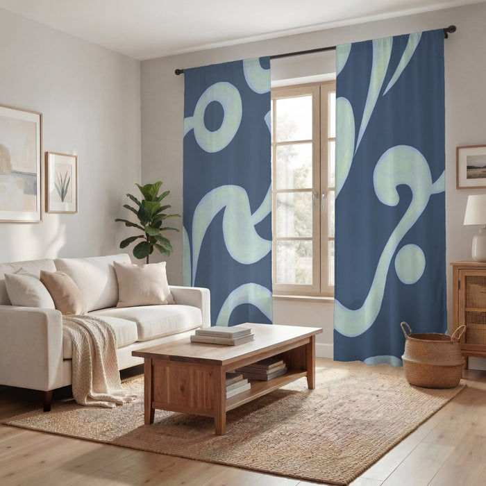 Blue Swirling Abstract Wave Pattern Window Curtains