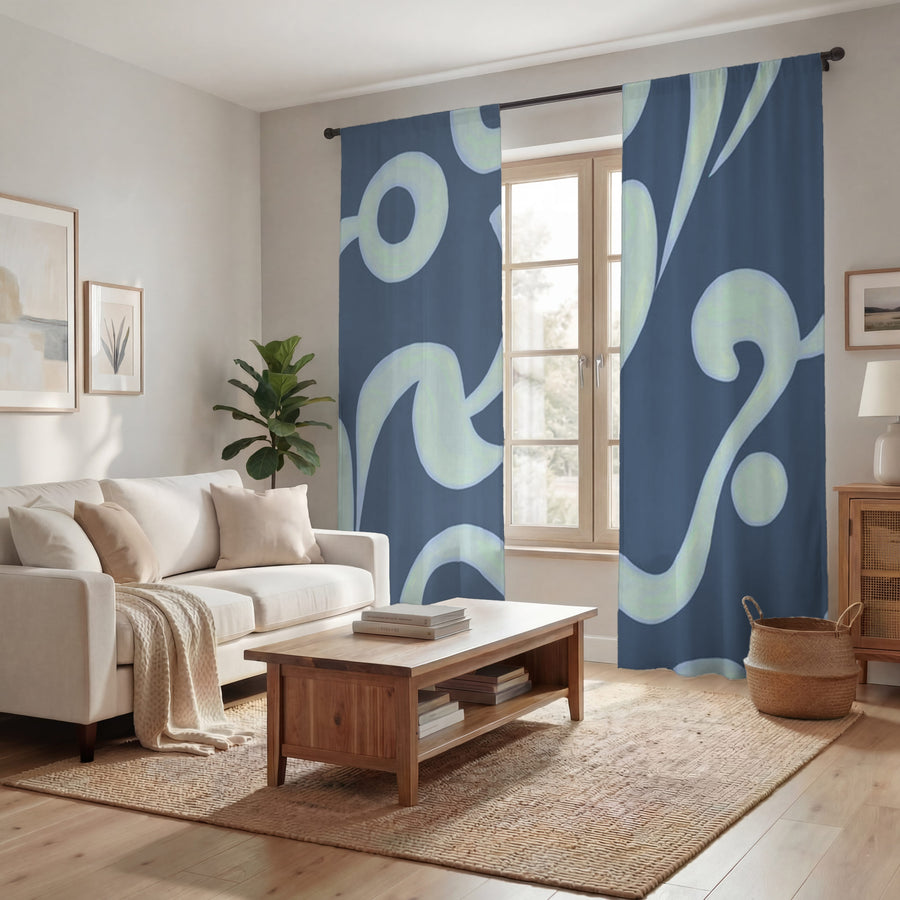 Blue Swirling Abstract Wave Pattern Window Curtains