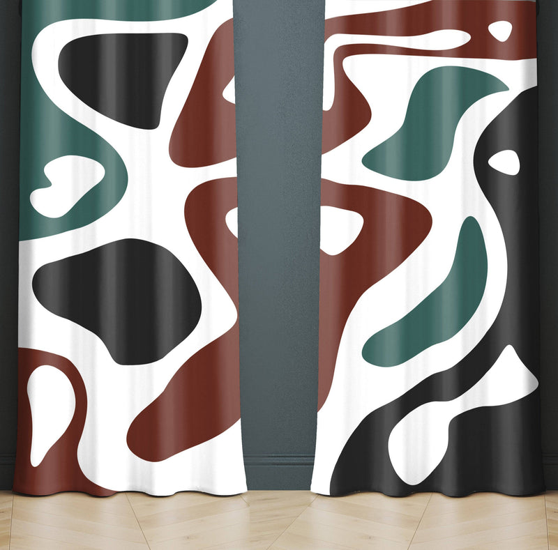 Green, Red and Black Abstract Mid Century Pattern Window Curtains - Deja Blue Studios