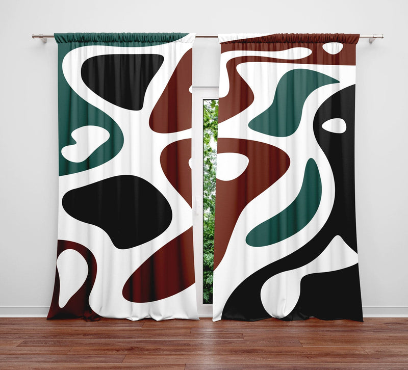 Green, Red and Black Abstract Mid Century Pattern Window Curtains - Deja Blue Studios
