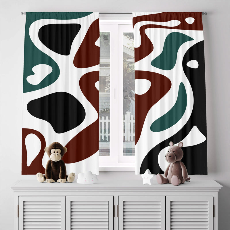 Green, Red and Black Abstract Mid Century Pattern Window Curtains - Deja Blue Studios