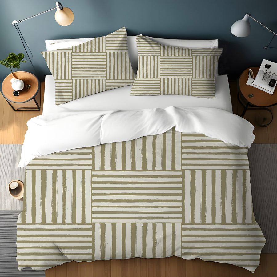 Beige Woven Basketweave Geometric Pattern Duvet Cover