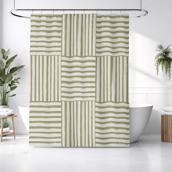 Beige Woven Basketweave Geometric Pattern Shower Curtain