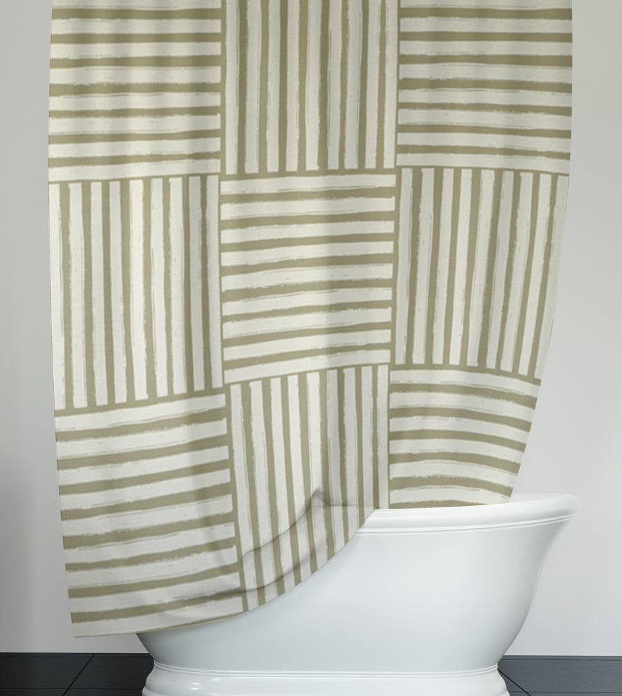 Beige Woven Basketweave Geometric Pattern Shower Curtain