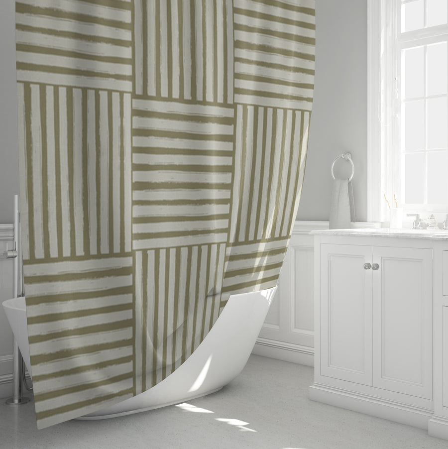 Beige Woven Basketweave Geometric Pattern Shower Curtain