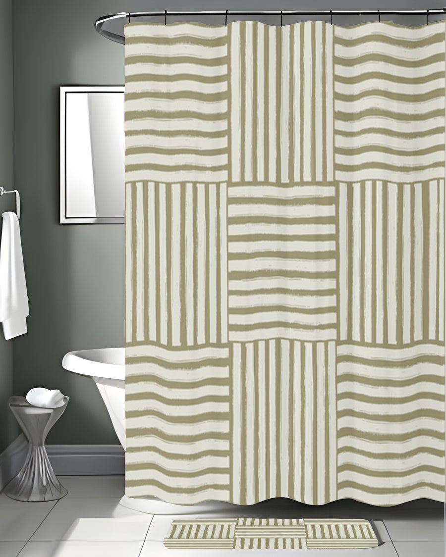 Beige Woven Basketweave Geometric Pattern Shower Curtain