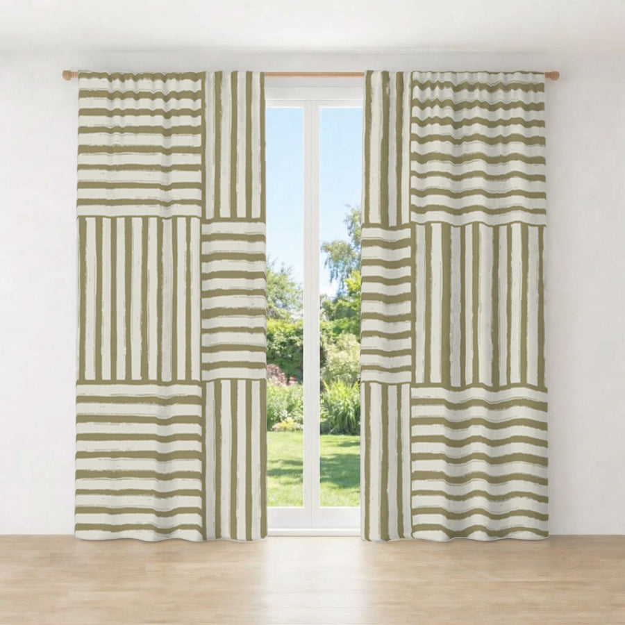 Beige Woven Basketweave Geometric Pattern Window Curtains