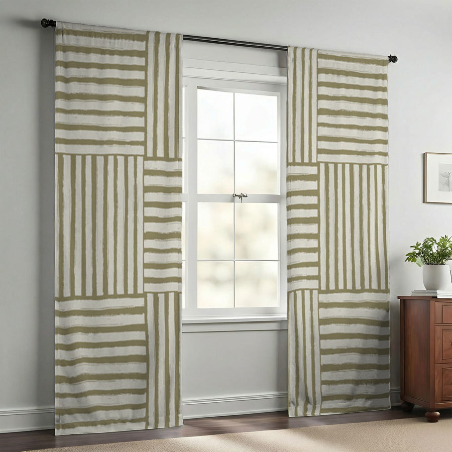 Beige Woven Basketweave Geometric Pattern Window Curtains