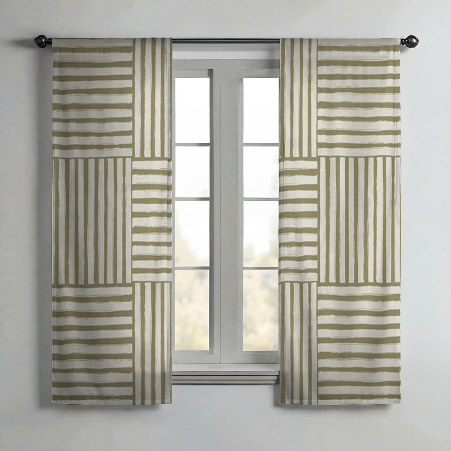 Beige Woven Basketweave Geometric Pattern Window Curtains
