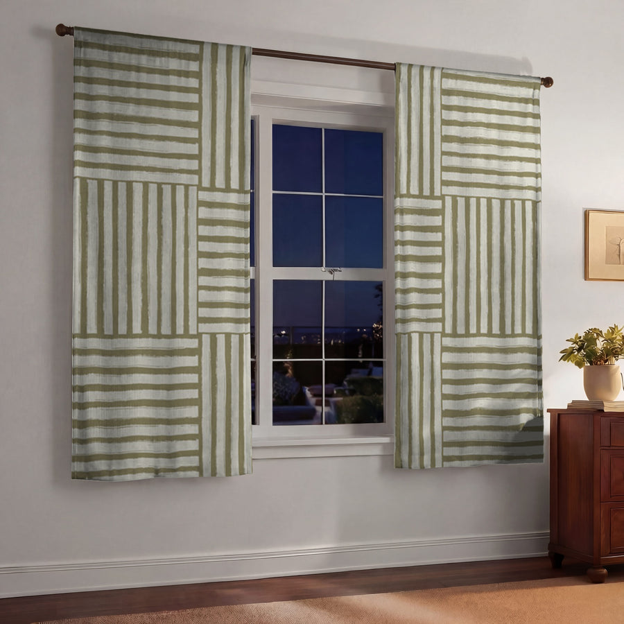 Beige Woven Basketweave Geometric Pattern Window Curtains