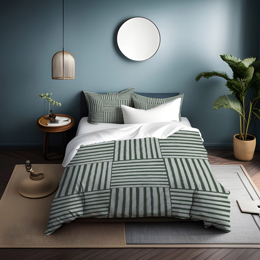 Green Basketweave Grid Geometric Pattern Duvet Cover