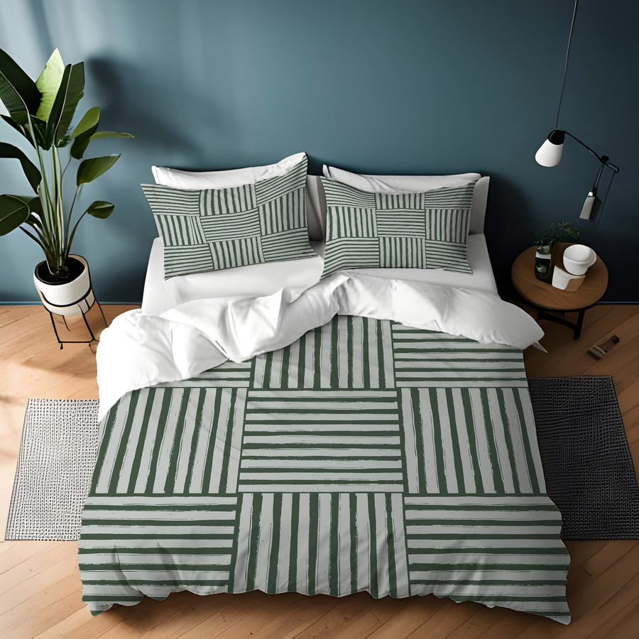 Green Basketweave Grid Geometric Pattern Duvet Cover