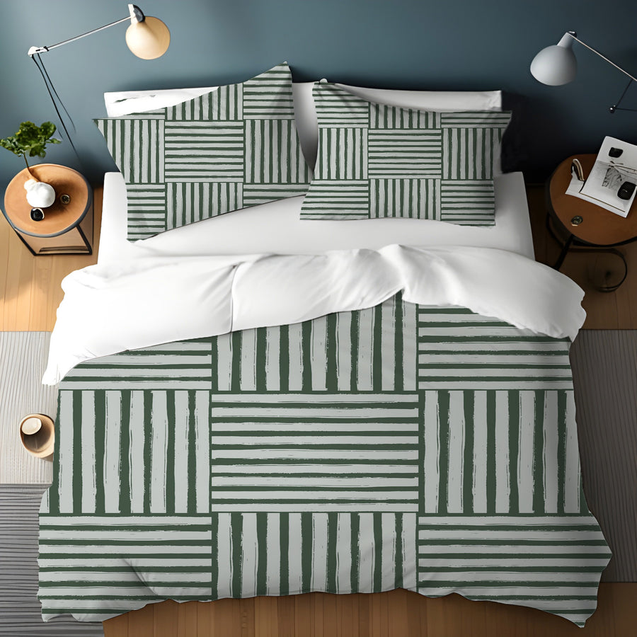Green Basketweave Grid Geometric Pattern Duvet Cover