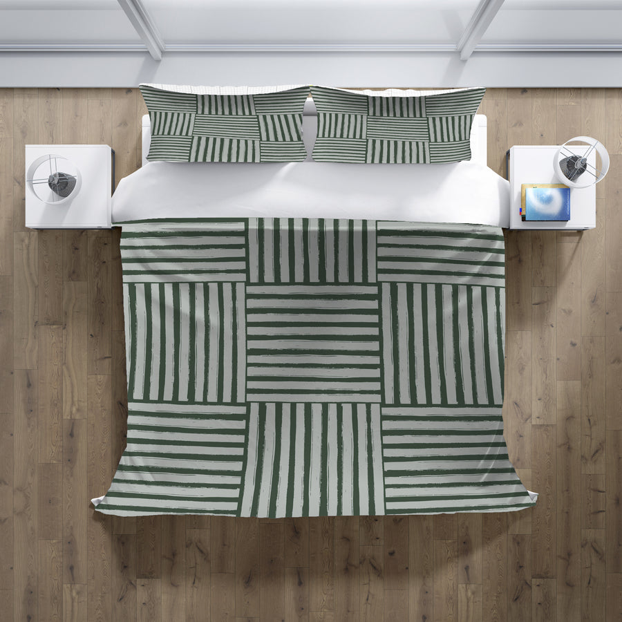 Green Basketweave Grid Geometric Pattern Duvet Cover