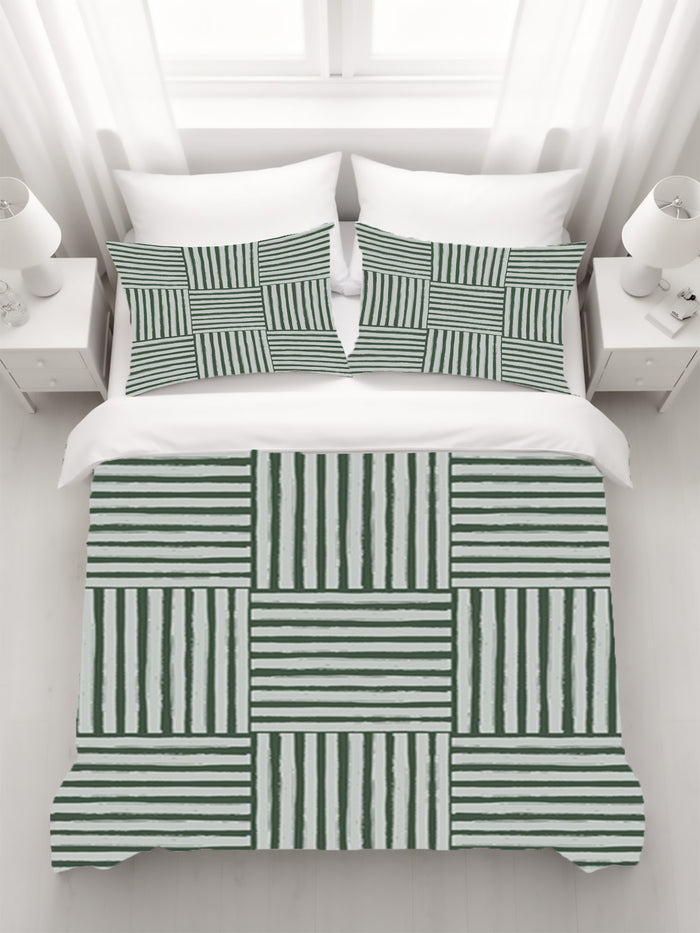 Green Basketweave Grid Geometric Pattern Duvet Cover