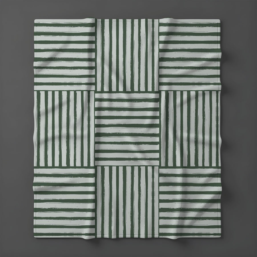 Green Basketweave Grid Geometric Pattern Fleece Sherpa Blanket