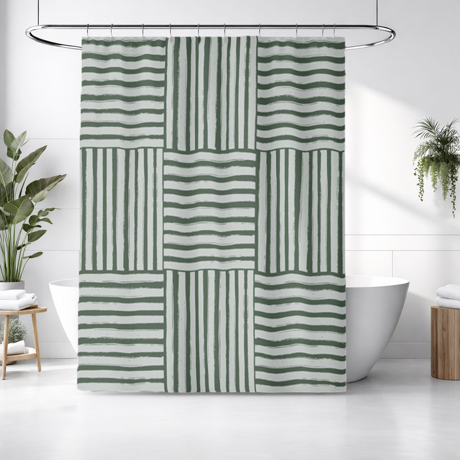 Green Basketweave Grid Geometric Pattern Shower Curtain