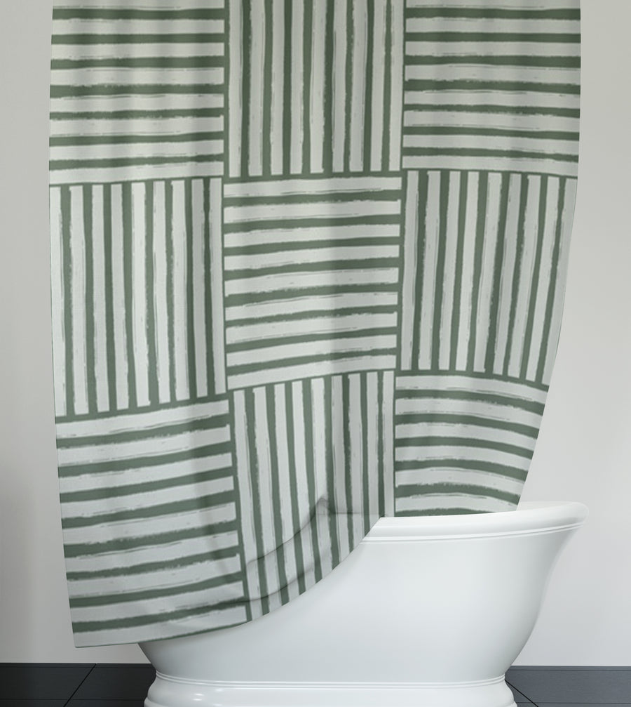 Green Basketweave Grid Geometric Pattern Shower Curtain