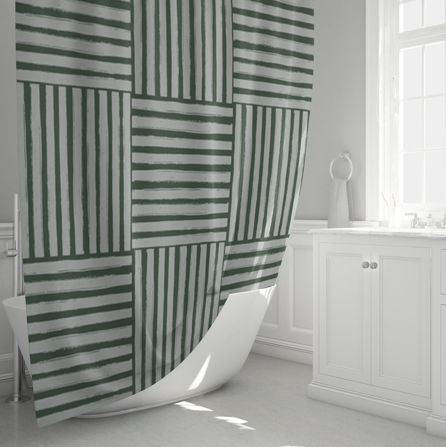 Green Basketweave Grid Geometric Pattern Shower Curtain