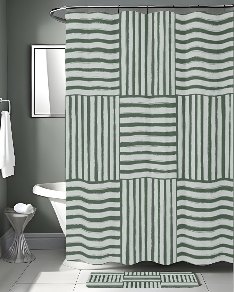 Green Basketweave Grid Geometric Pattern Shower Curtain