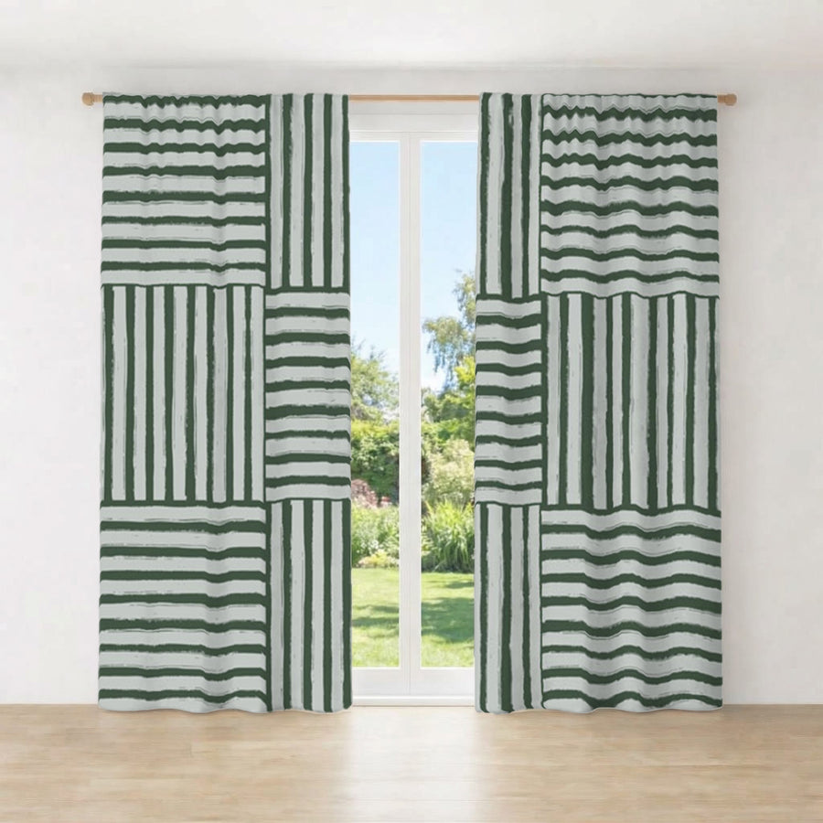 Green Basketweave Grid Geometric Pattern Window Curtains