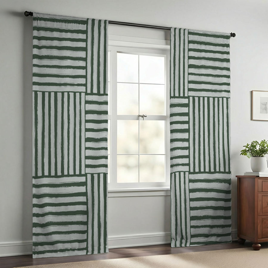 Green Basketweave Grid Geometric Pattern Window Curtains