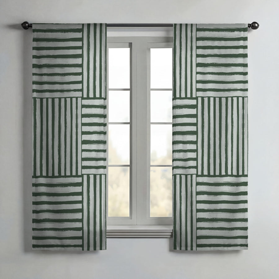Green Basketweave Grid Geometric Pattern Window Curtains