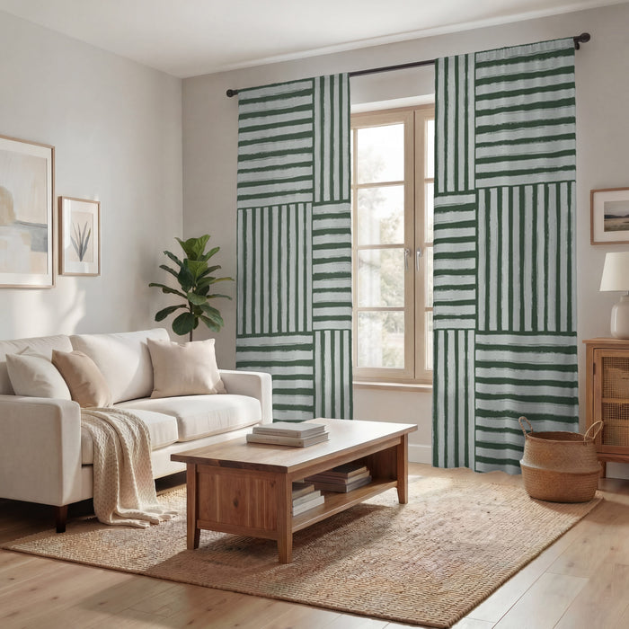 Green Basketweave Grid Geometric Pattern Window Curtains