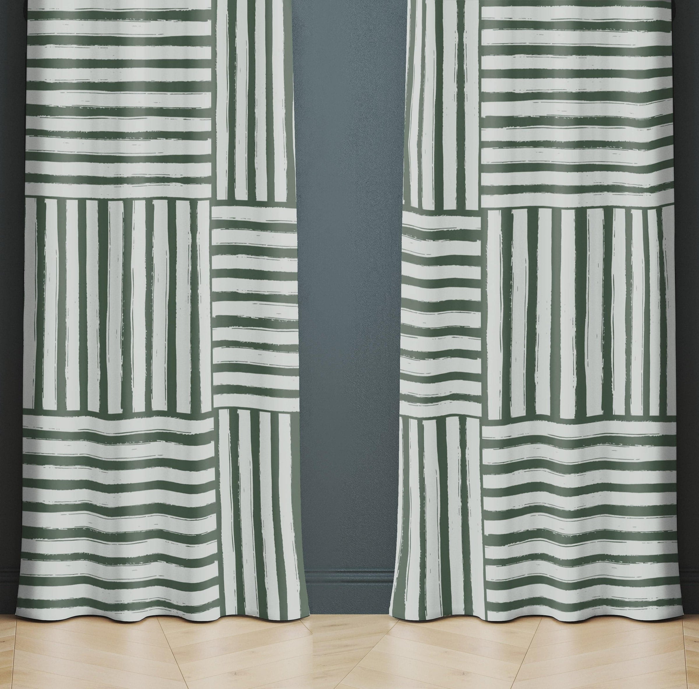 Green Cross Hash Line Pattern Window Curtains | Deja Blue Studios