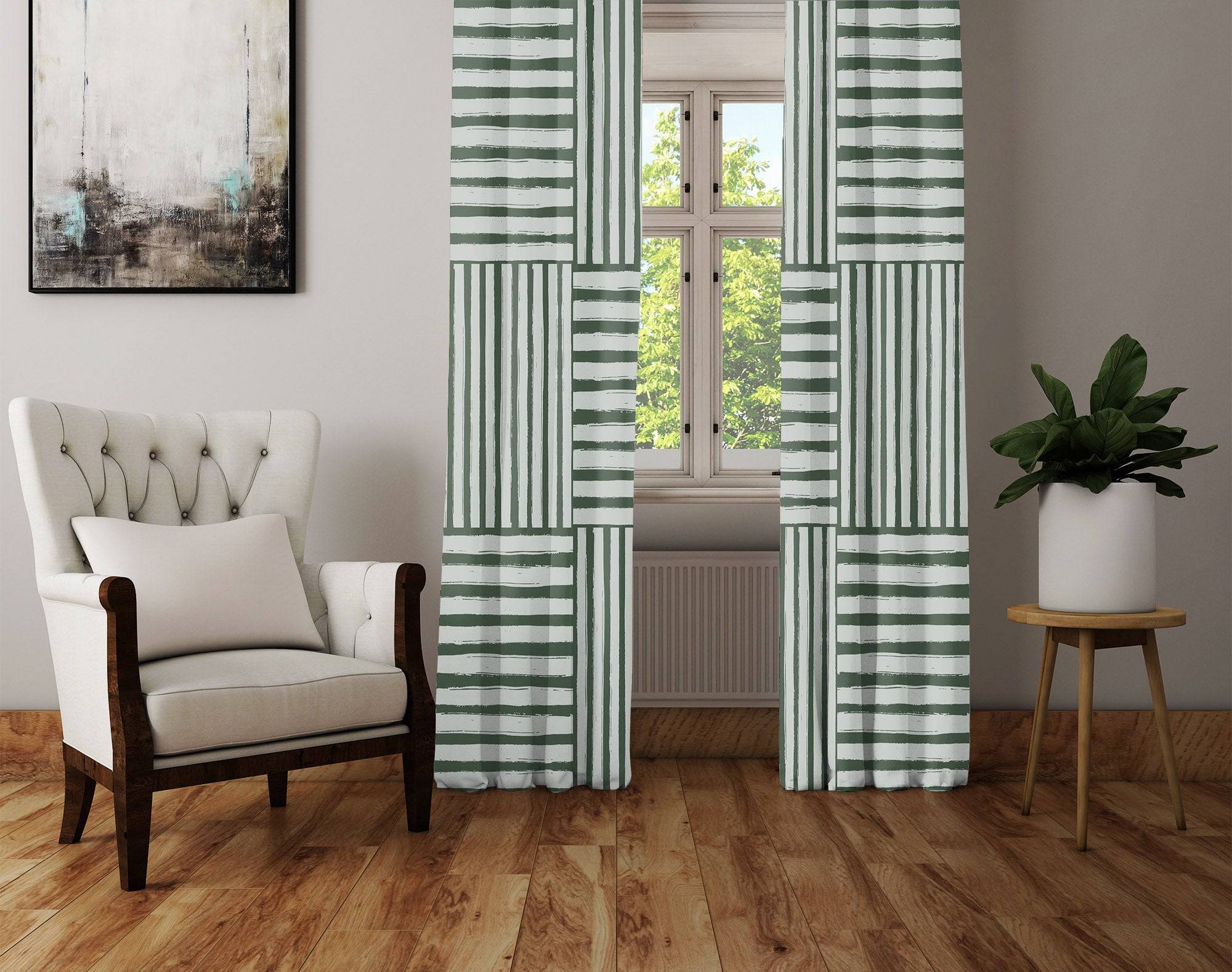 Green Cross Hash Line Pattern Window Curtains | Deja Blue Studios