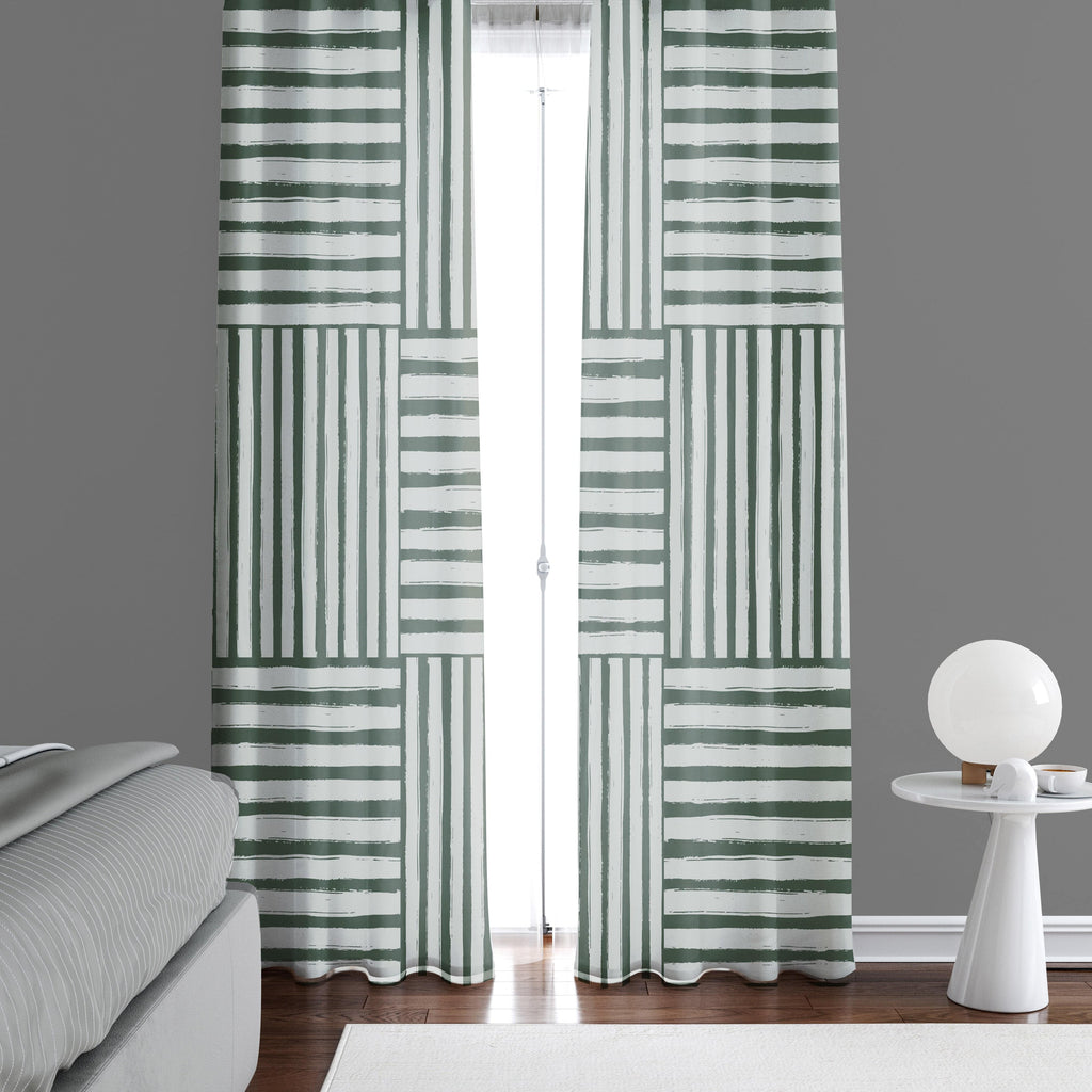 Green Cross Hash Line Pattern Window Curtains - Deja Blue Studios