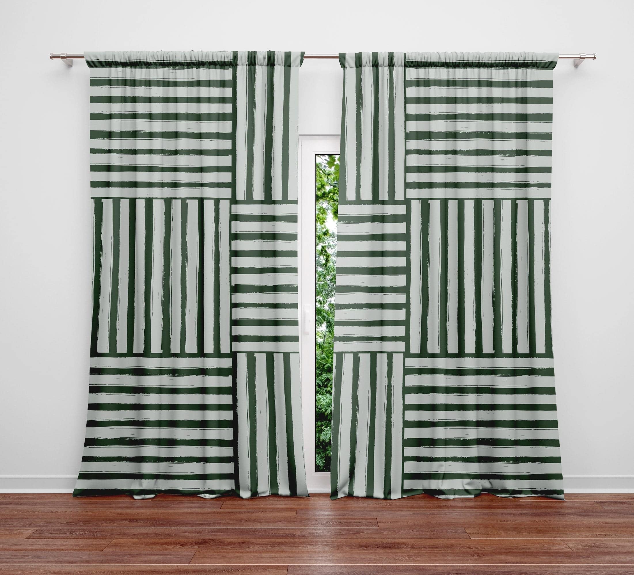 Green Cross Hash Line Pattern Window Curtains | Deja Blue Studios