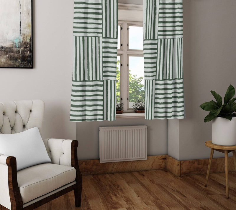 Green Cross Hash Line Pattern Window Curtains | Deja Blue Studios