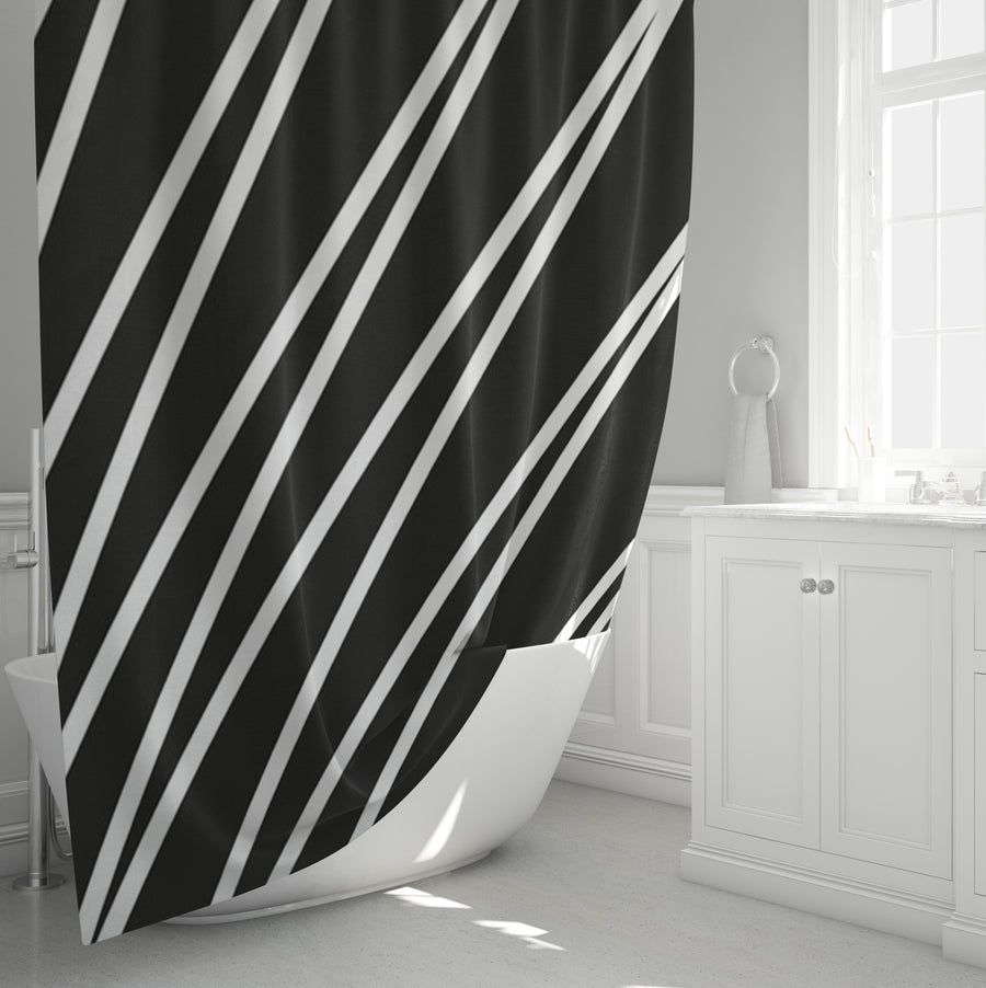 Black and White Diagonal Stripe Pattern Shower Curtain