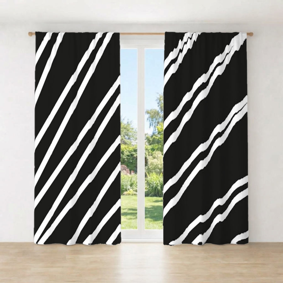 Black and White Diagonal Stripe Pattern Window Curtains