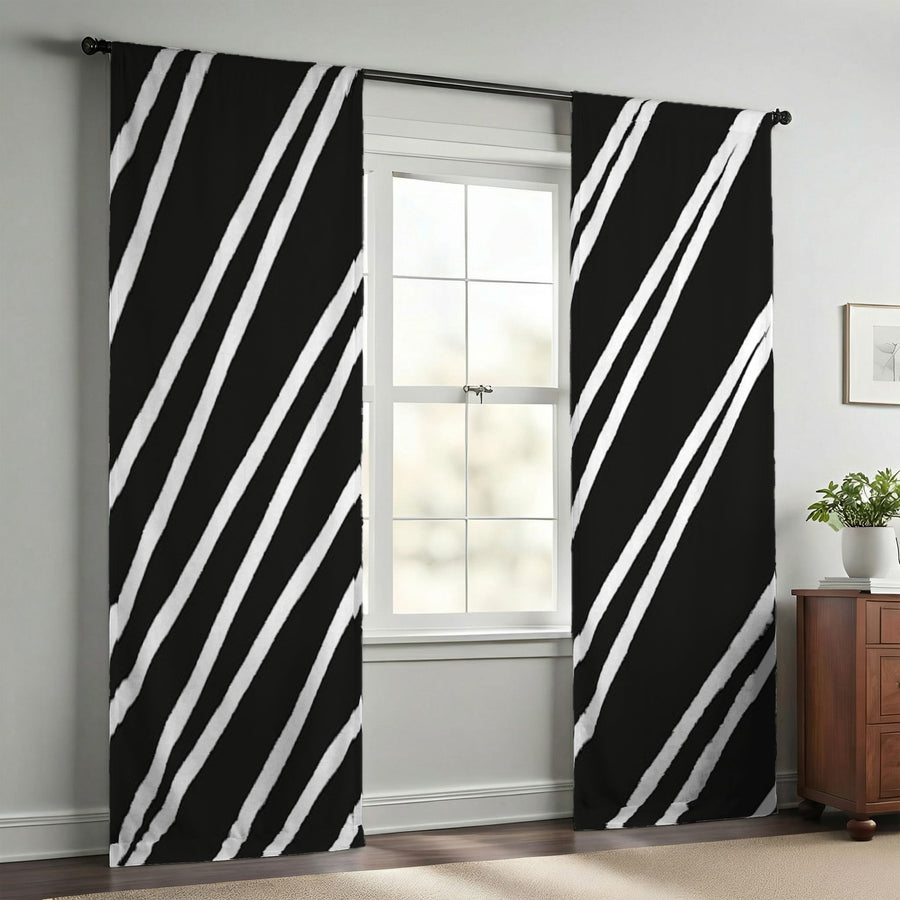 Black and White Diagonal Stripe Pattern Window Curtains