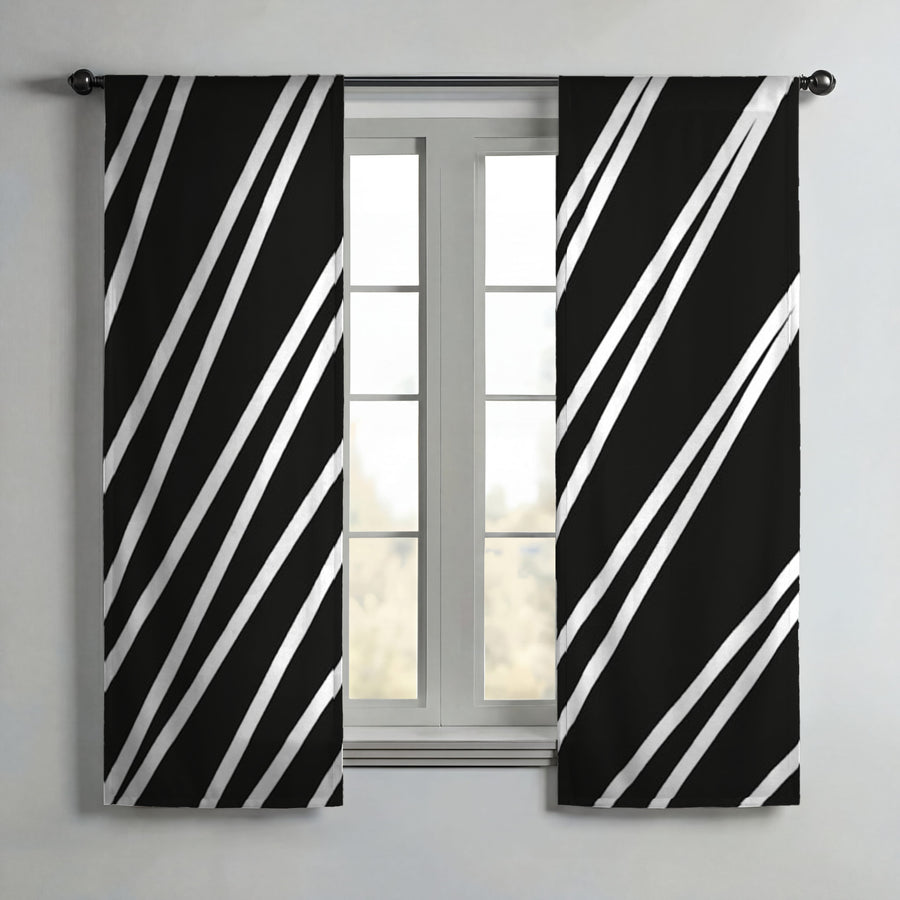 Black and White Diagonal Stripe Pattern Window Curtains
