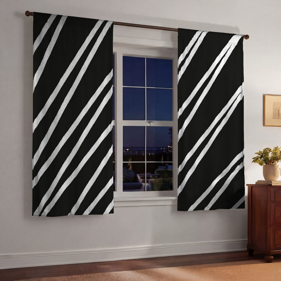Black and White Diagonal Stripe Pattern Window Curtains