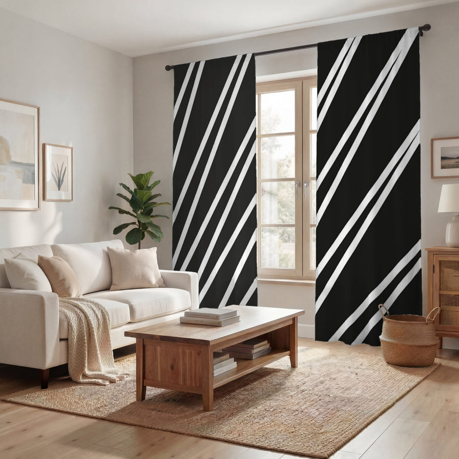 Black and White Diagonal Stripe Pattern Window Curtains