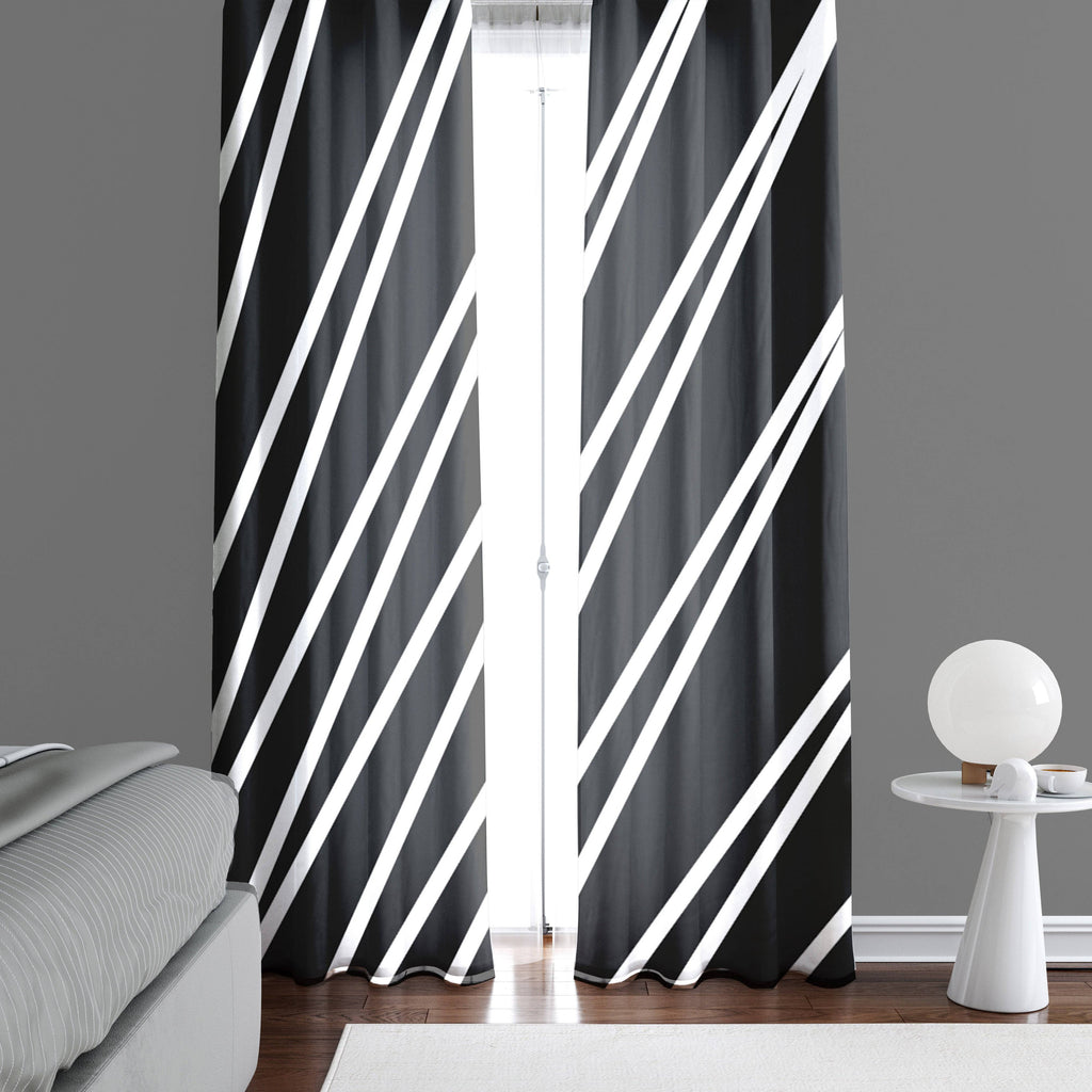 Black and White Abstract Lines Ice Frosting Window Curtains - Deja Blue Studios