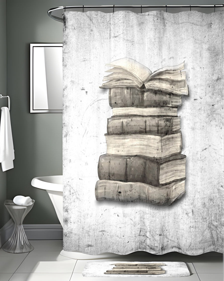 Vintage Book Stack Illustration Artwork Shower Curtain