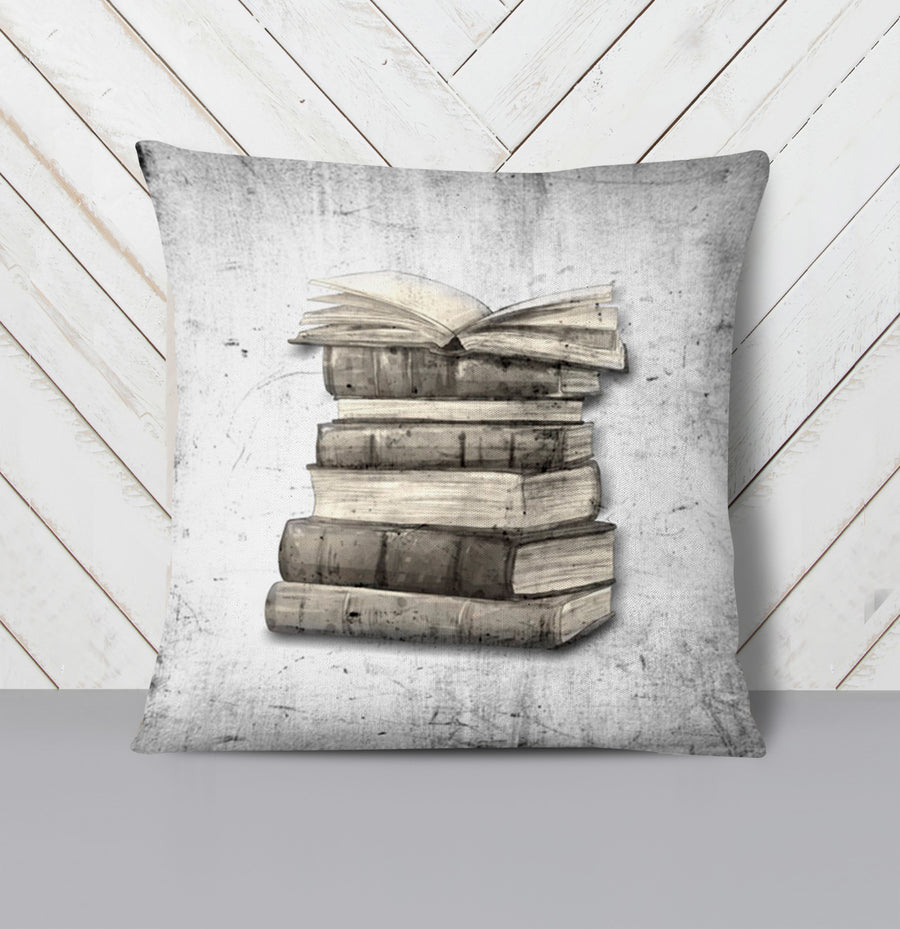 Vintage Book Stack Illustration Artwork Throw Pillow Cover