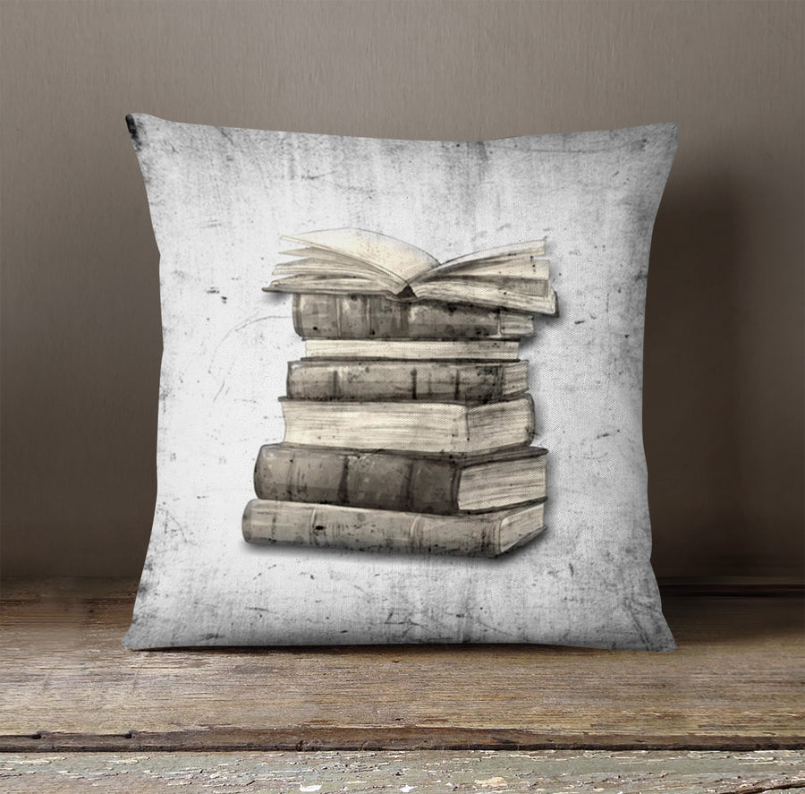 Vintage Book Stack Illustration Artwork Throw Pillow Cover