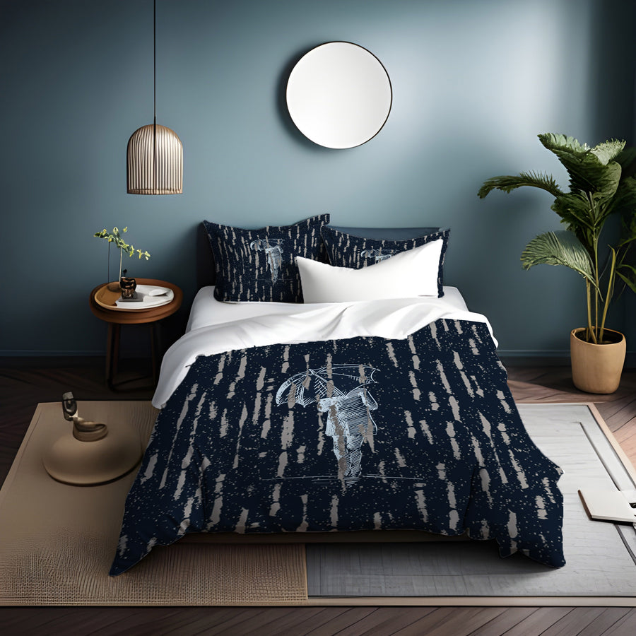 Navy Rainfall Umbrella Illustration Pattern Duvet Cover