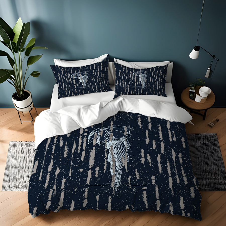Navy Rainfall Umbrella Illustration Pattern Duvet Cover